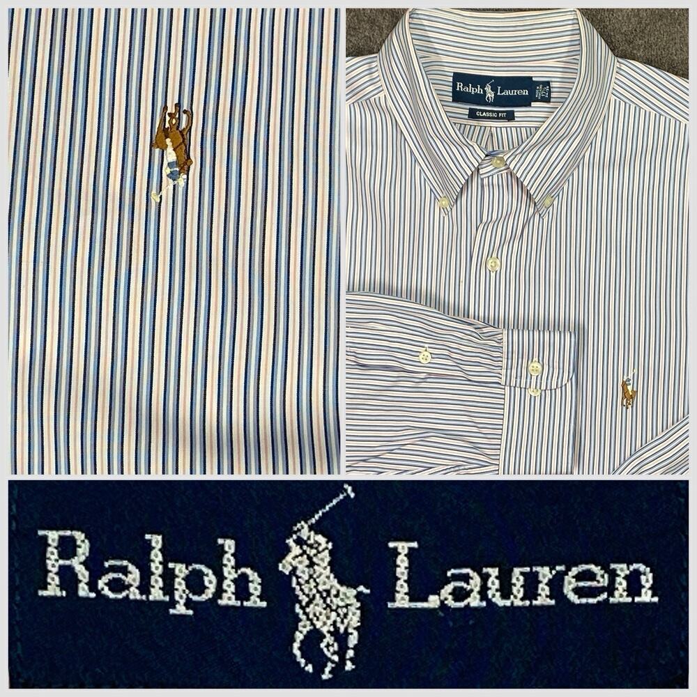Ralph Lauren Shirt Men 17.5 Classic Fit Cotton 100%Button Down Pink Blue Striped